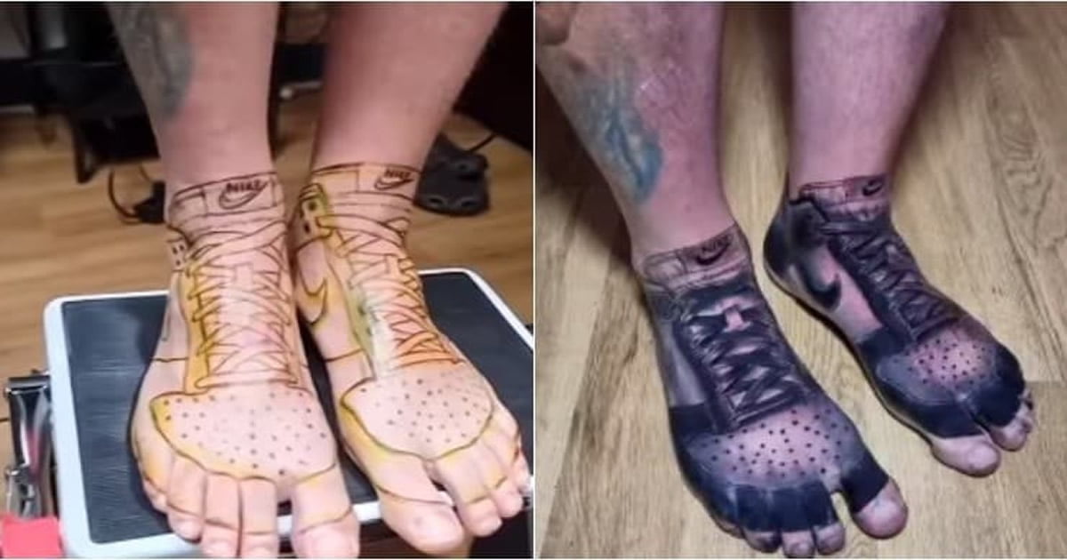 Cansado de pagar por sapatos: Homem tatua tênis nos pés
