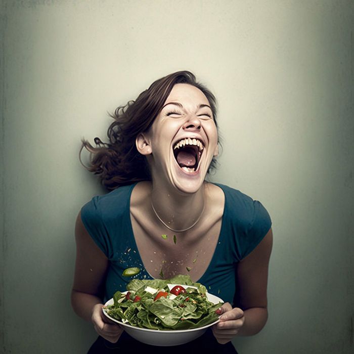 IA gerar fotos de mulheres rindo sozinhas com salada que são aterrorizantes