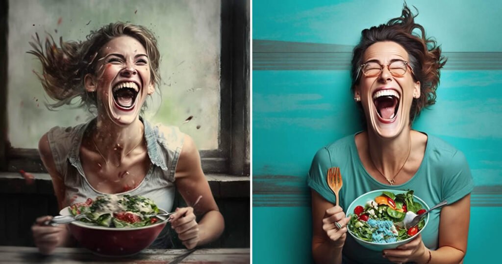 IA gerar fotos de mulheres rindo sozinhas com salada que são aterrorizantes