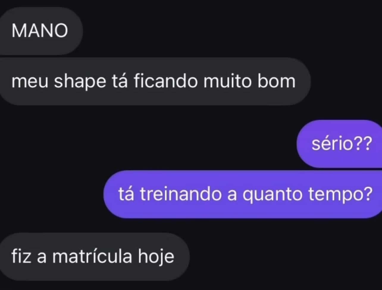 Fechou a matrícula hoje e já tá no shape: o brasileiro não precisa de treino, só de fé! Fechou a matrícula hoje e já tá no shape: o brasileiro não precisa de treino, só de fé!