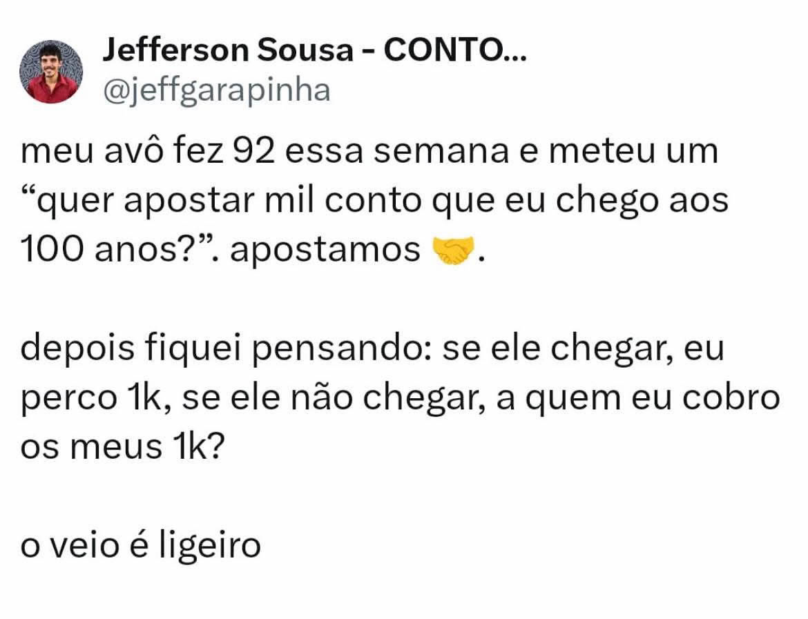 Aposta com o vô: ou ele ganha mil, ou você perde e ainda fica com saudade Aposta com o vô: ou ele ganha mil, ou você perde e ainda fica com saudade
