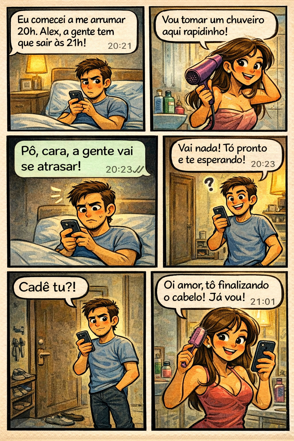 Quando o “já tô pronta” entra no modo infinito e o relógio desiste da vida