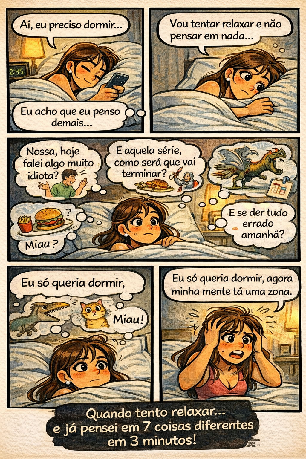 Quando você deita pra dormir e sua mente abre 27 abas ao mesmo tempo