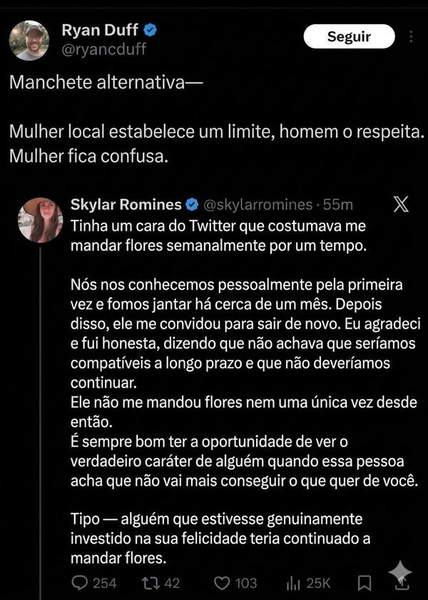 O homem respeitou o fora e acabou acusado de não mandar flores suficientes