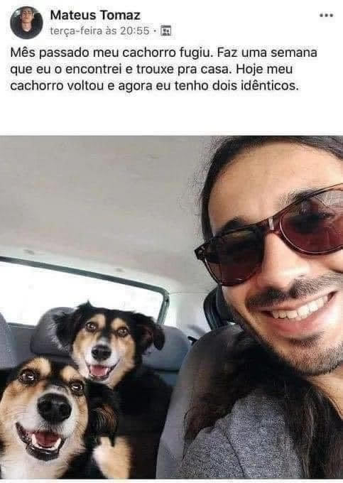 Ele encontrou o cachorro perdido e acabou ganhando dois iguais Ele encontrou o cachorro perdido e acabou ganhando dois iguais