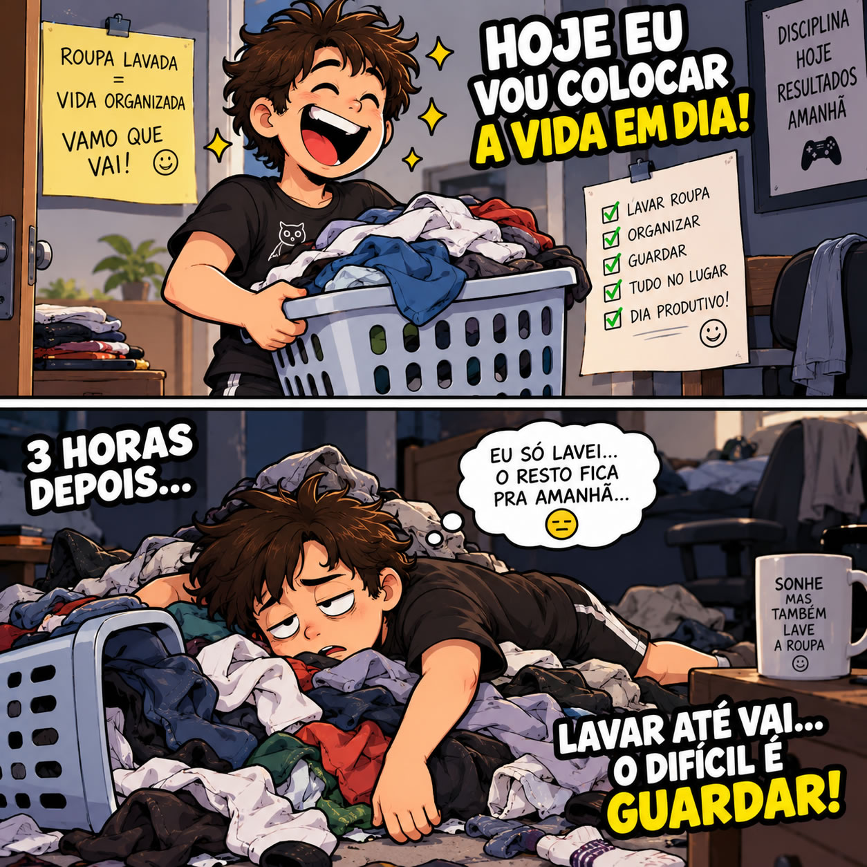 A pessoa que queria organizar a vida e acabou dormindo em cima da roupa
