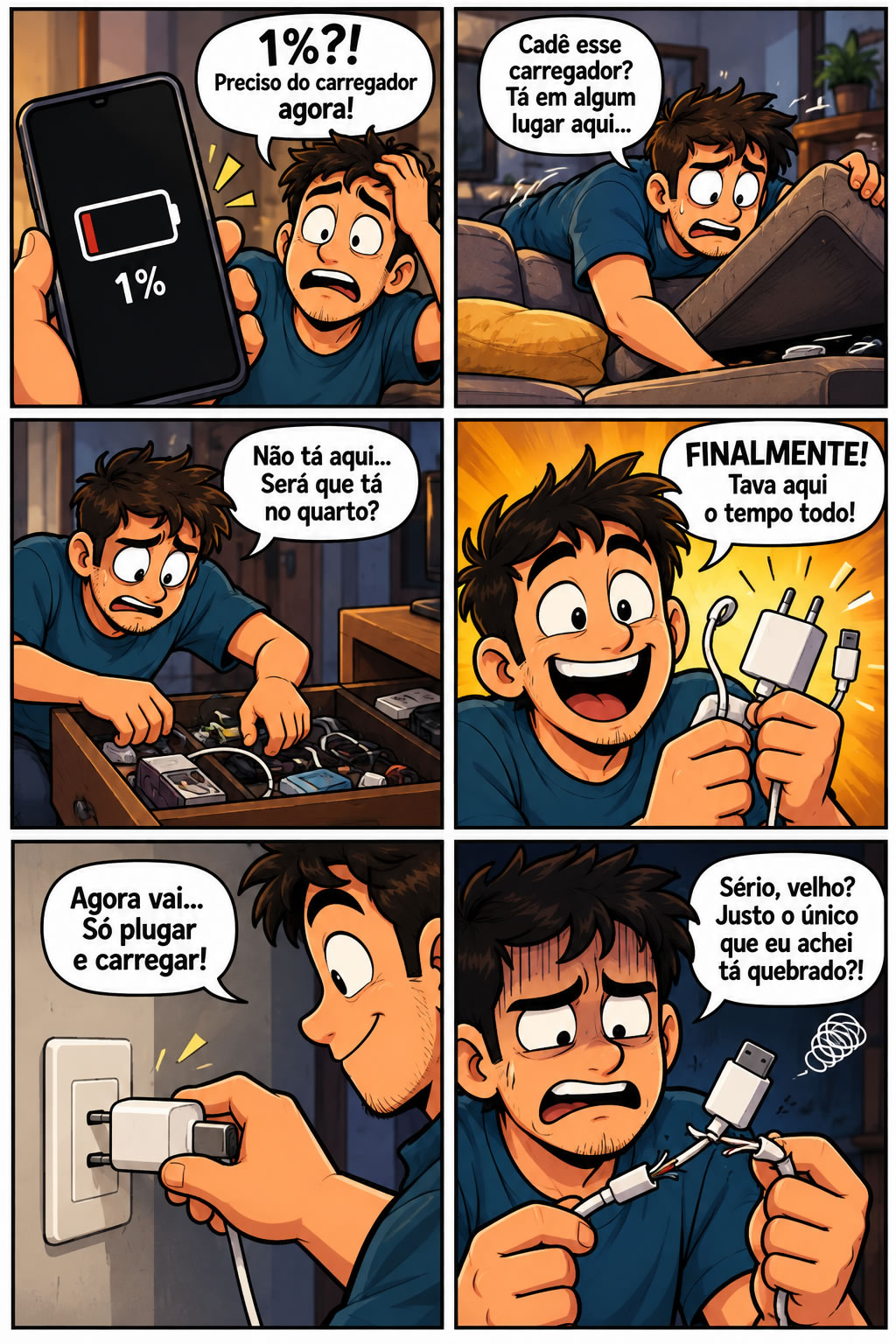 Quando o celular chega a 1% e o único carregador resolve quebrar