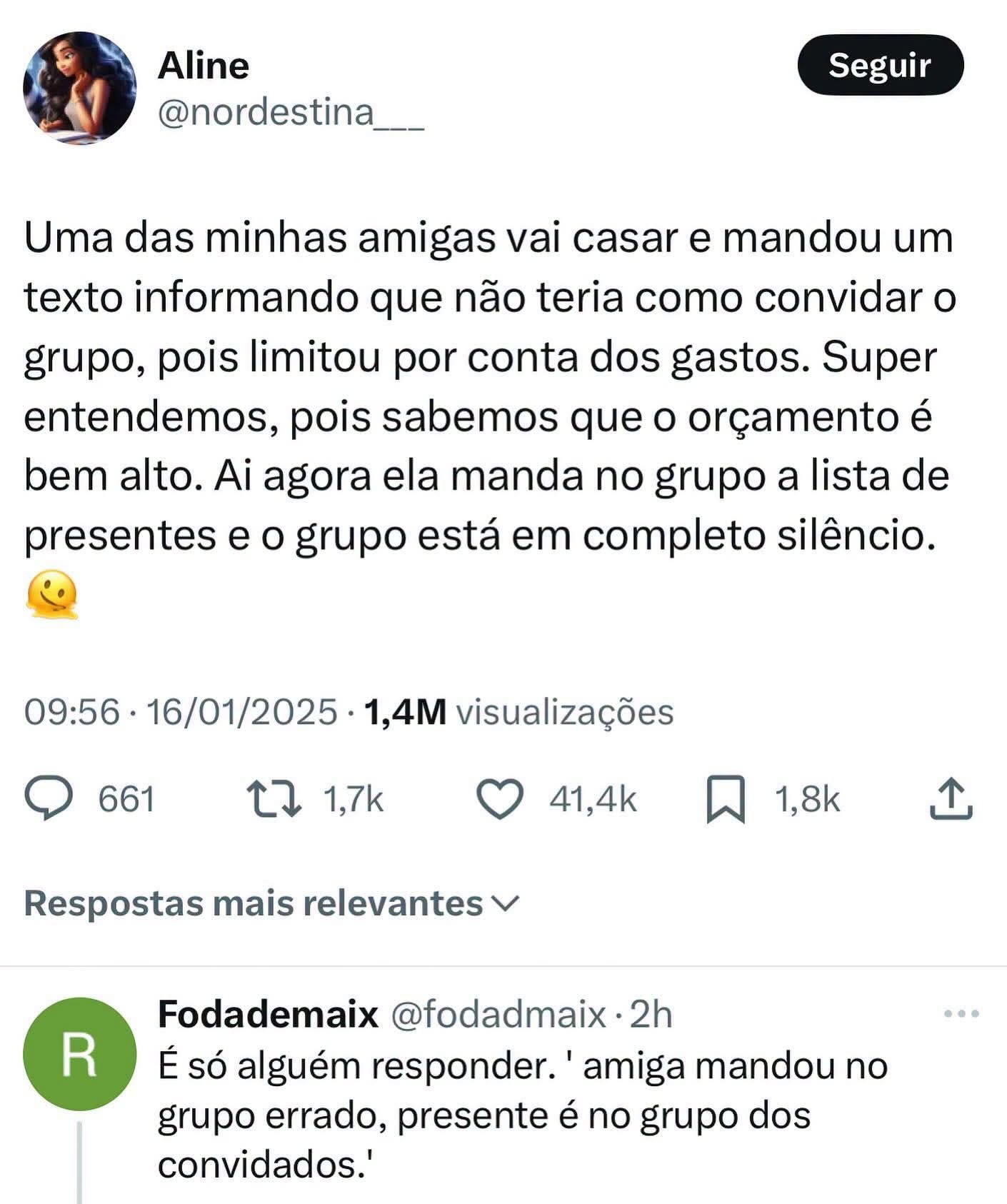 Ela não convidou os amigos para o casamento, mas mandou a lista de presentes